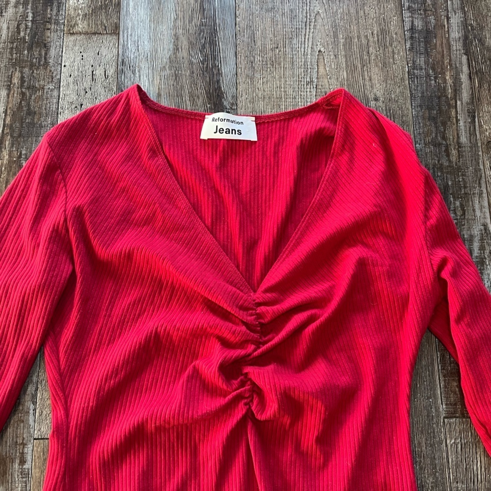Reformation Jeans Jennie Ribbed Long Sleeve Lettuce Hem Mini Dress Red Medium - Picture 3 of 6